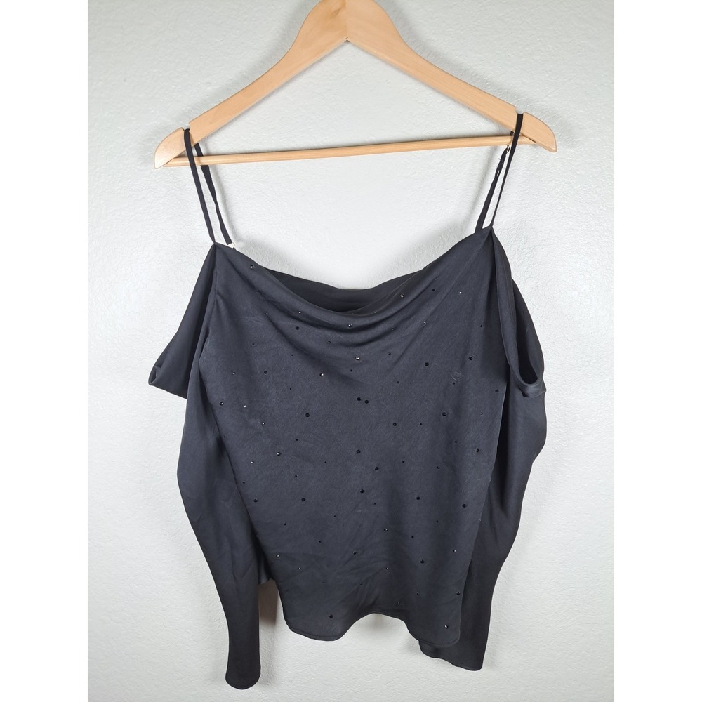 River Island Black Cold Shoulder Cowl Neck Studded Top Long Sleeve NWT Size 10